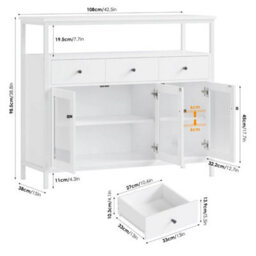 Sideboard Storage Cabinet Kitchen Cabinet With Glass Doors Drawers 108X38X98.5Cm White - thumbnail 2