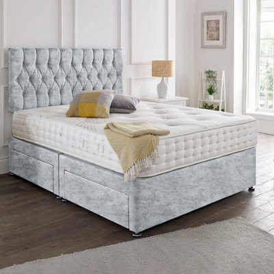 Dining Tables Beirut Matching Headboard Divan Set, 2 Drawer On Same Side With Sprung 1500 Comfort Mattress - Crushed Velvet Silver - King - image 1