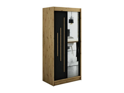 Arte Leto Y2 Contemporary Mirrored 2 Sliding Door Wardrobe 5 Shelves 2 Rails Black Matt And Oak Effect (H)2000mm (W)1000mm (D)620mm - image 1