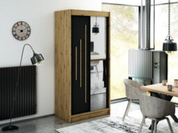 Arte Leto Y2 Contemporary Mirrored 2 Sliding Door Wardrobe 5 Shelves 2 Rails Black Matt And Oak Effect (H)2000mm (W)1000mm (D)620mm - thumbnail 2