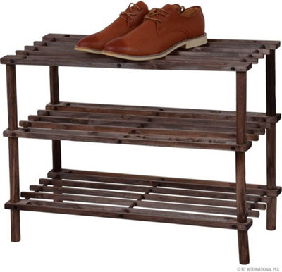 Wooden Shoe Rack Footwear Storage Stackable Organiser Unit Slated For Trainers Books Dvds Space Efficient Dark Oak Effect, 3 Tier - image 1