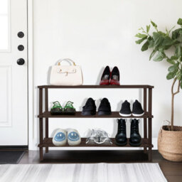 Wooden Shoe Rack Footwear Storage Stackable Organiser Unit Slated For Trainers Books Dvds Space Efficient Dark Oak Effect, 3 Tier - thumbnail 2