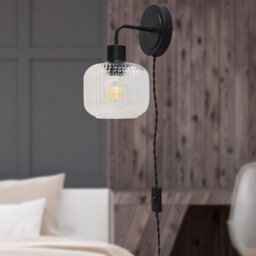 First Choice Lighting Set Of 2 Toby - Black Plug In Wall Lights  Ribbed Glass Shades - thumbnail 4