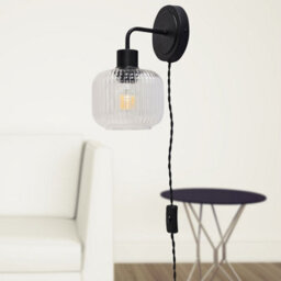 First Choice Lighting Set Of 2 Toby - Black Plug In Wall Lights  Ribbed Glass Shades - thumbnail 5