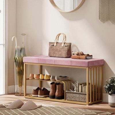 Homcom Shoe Storage Bench With Seat Cushion Tufted Shoe Rack Bench Pink - image 1