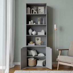 Urbn-Living Urbnliving Height 180Cm 6 Tier Bookcase With 2 Door Cupboard Cabinet Storage Shelving Display Colour Grey Wood Shelf - thumbnail 3