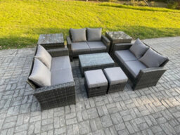 Fimous 8Pc Rattan Sofa Garden Furniture Outdoor Patio Set With 2 Side Tables 2 Small Footstools Love Seat Sofa Dark Grey - thumbnail 2