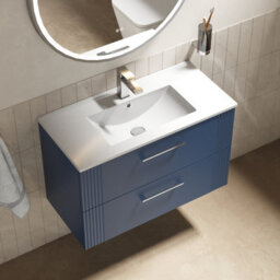 Balterley Belvide Partial Fluted 2 Drawer Wall Hung Vanity Unit With 1 Tap Hole Minimalist Basin - 800mm - Satin Blue - thumbnail 3
