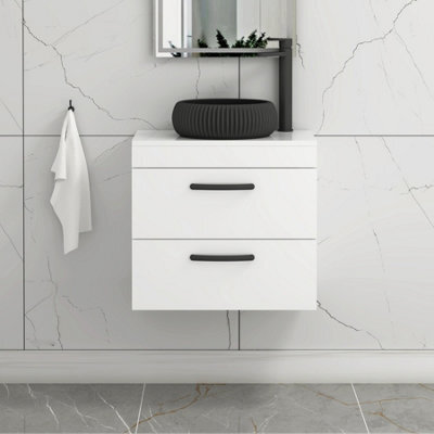 Royal Bathrooms Turin 500mm Wall Mounted Bathroom Vanity Unit With Sink 2 Drawer Gloss White & Milan Black Countertop Basin - image 1