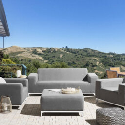 Wyld And Coco 5-Seater Garden Sofa Set Grey Fabric With White Aluminium Legs And Ottoman - Large Outdoor Seating - thumbnail 2