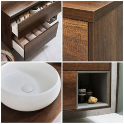 Homestylestore Dark Oak 1000mm Wall Hung Bathroom Vanity Unit With Round Chalk Countertop Basin - thumbnail 2