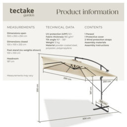 Tectake Parasol Apollo - 250 X 250 Cm, Tilt Adjustable, Protective Cover Included - Beige - thumbnail 6