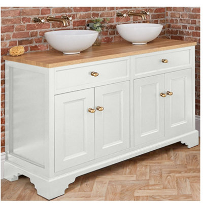 Homestylestore 1210mm Antique White And Oak Bathroom Vanity Unit With Round Countertop Basins And Gold Round Handles - image 1