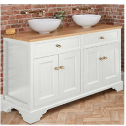 Homestylestore 1210mm Antique White And Oak Bathroom Vanity Unit With Round Countertop Basins And Gold Round Handles
