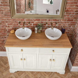 Homestylestore 1210mm Antique White And Oak Bathroom Vanity Unit With Round Countertop Basins And Gold Round Handles - thumbnail 2