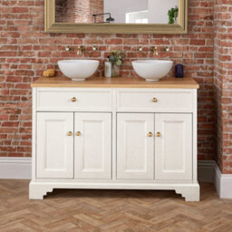Homestylestore 1210mm Antique White And Oak Bathroom Vanity Unit With Round Countertop Basins And Gold Round Handles - thumbnail 3