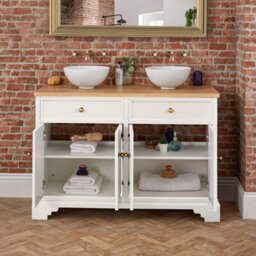 Homestylestore 1210mm Antique White And Oak Bathroom Vanity Unit With Round Countertop Basins And Gold Round Handles - thumbnail 4