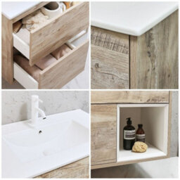 Homestylestore Light Oak 612mm Wall Hung Bathroom Vanity Unit Open Shelf And Chalk Basin - thumbnail 2