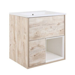 Homestylestore Light Oak 612mm Wall Hung Bathroom Vanity Unit Open Shelf And Chalk Basin