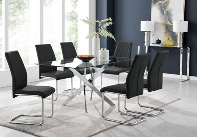 Furniturebox Uk Leonardo Glass And Chrome Metal Dining Table And 6 Black Lorenzo Leather Chairs - image 1