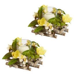 Dibor Set Of 2 Floral Yellow Table Decoration Christmas Candle Holders - thumbnail 2