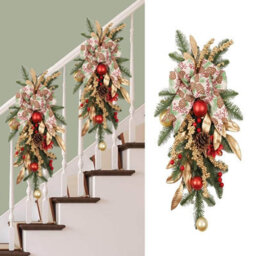 Amorly Christmas Staircase Wreath Decoration Gold Garland With Bows Pine Cones Berries For Indoor Outdoor Home Party Window Wall Decor - thumbnail 1