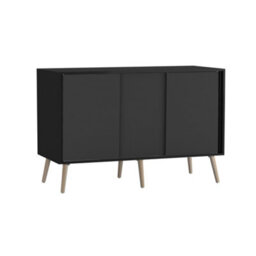 Urbn-Living Urbnliving 3-Door Sliding Cabinet Sideboard Black Carcass With Black Doors Storage Organiser Home Cupboard Pine Wooden Legs