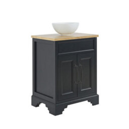 Homestylestore Black Grey And Oak 645mm Bathroom Vanity Unit With Round Countertop Basin And Black T Bar Handles - thumbnail 1