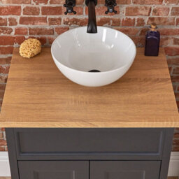 Homestylestore Black Grey And Oak 645mm Bathroom Vanity Unit With Round Countertop Basin And Black T Bar Handles - thumbnail 2