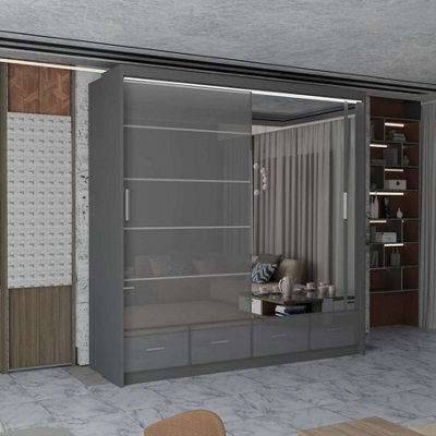 M N Furniture Ltd Wardrobe With Led Light Modern 2 Or 3 Sliding Doors-Mirrored Bedroom Cabinet With Drawers (Grey,150Cm) - image 1