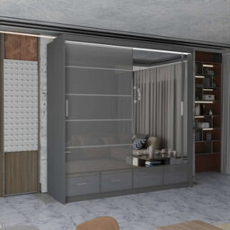 M N Furniture Ltd Wardrobe With Led Light Modern 2 Or 3 Sliding Doors-Mirrored Bedroom Cabinet With Drawers (Grey,150Cm)