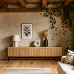 Wyld Haus Brisbane 176Cm Slatted Natural Oak Tv Unit 3 Doors Black Metal Legs