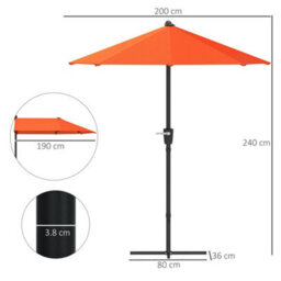 Outsunny 2M Half Garden Parasol Market Umbrella W/ Crank Handle, Orange - thumbnail 3