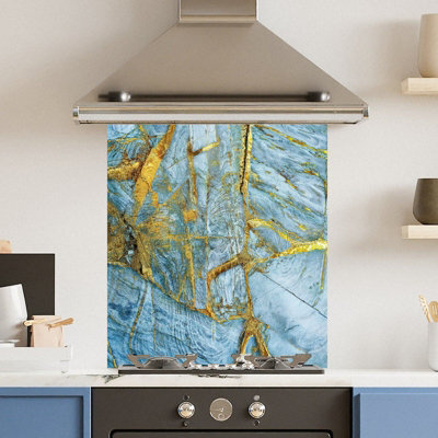 Choose Your Print Premium 59.5 X 74.5Cm  Blue Gold Marble 6mm Glass Toughened Kitchen Splashback - image 1