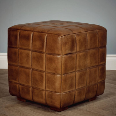 Elm Home And Products Real Genuine Leather Foot Stool Rest Poufe Tan Brown Hard Wood Frame 46Cm High X 46Cm Wide X 46Cm Deep