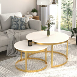 Okin 2 Piece Coffee Table Set Modern Metal Base With Durable Laminated Pvc Tops Large Small Duo Legs Gold Tabletop Matt White - thumbnail 3