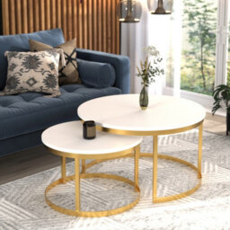 Okin 2 Piece Coffee Table Set Modern Metal Base With Durable Laminated Pvc Tops Large Small Duo Legs Gold Tabletop Matt White - thumbnail 2