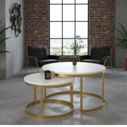 Okin 2 Piece Coffee Table Set Modern Metal Base With Durable Laminated Pvc Tops Large Small Duo Legs Gold Tabletop Matt White