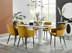 Furniturebox Imperia White High Gloss 6 Seater Dining Table With Structural 2 Plinth Column Legs 6 Mustard Velvet Black Leg Calla Chairs - thumbnail 1