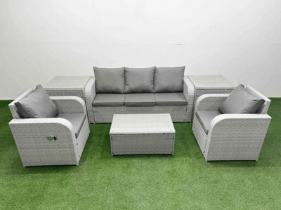 Fimous Pe Rattan Garden Furniture Set Reclining Chair Lounge Sofa Set Oblong Coffee Table 2 Side Table Light Grey - image 1