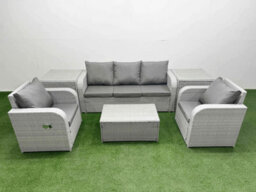 Fimous Pe Rattan Garden Furniture Set Reclining Chair Lounge Sofa Set Oblong Coffee Table 2 Side Table Light Grey - thumbnail 2