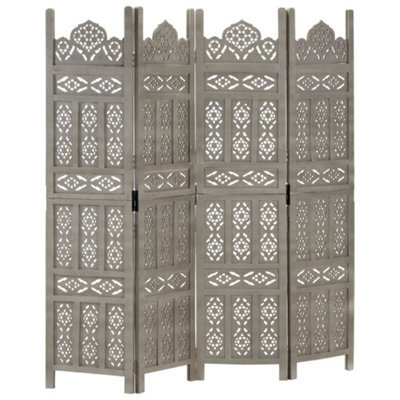 Vidaxl Hand Carved 4-Panel Room Divider Grey 160X165 Cm Solid Mango Wood Room Dividers - image 1