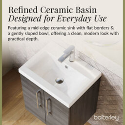 Balterley Contemporary Bathroom Wall Hung 2 Soft-Close Door Vanity Unit & Mid-Edge Ceramic Basin, Anthracite Woodgrain, 500 mm - thumbnail 7