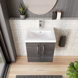 Balterley Contemporary Bathroom Wall Hung 2 Soft-Close Door Vanity Unit & Mid-Edge Ceramic Basin, Anthracite Woodgrain, 500 mm - thumbnail 3