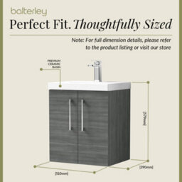Balterley Contemporary Bathroom Wall Hung 2 Soft-Close Door Vanity Unit & Mid-Edge Ceramic Basin, Anthracite Woodgrain, 500 mm - thumbnail 5