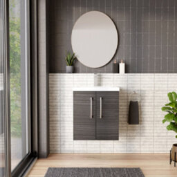 Balterley Contemporary Bathroom Wall Hung 2 Soft-Close Door Vanity Unit & Mid-Edge Ceramic Basin, Anthracite Woodgrain, 500 mm - thumbnail 2