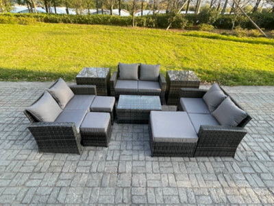 Fimous 9Pc Rattan Sofa Garden Furniture Outdoor Patio Set With 2 Side Tables 3 Footstools Love Seat Sofa Dark Grey Mixed - image 1