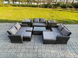 Fimous 9Pc Rattan Sofa Garden Furniture Outdoor Patio Set With 2 Side Tables 3 Footstools Love Seat Sofa Dark Grey Mixed - thumbnail 1