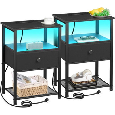 Bedside Tables Set Of 2 With Led Lights Charging Station Cabinet - image 1