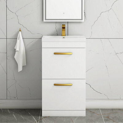 Royal Bathrooms Turin Gloss White 500mm Floor Standing Vanity Unit 2 Drawer With Mid-Edge Basin Sink & Brushed Brass Handles - image 1
